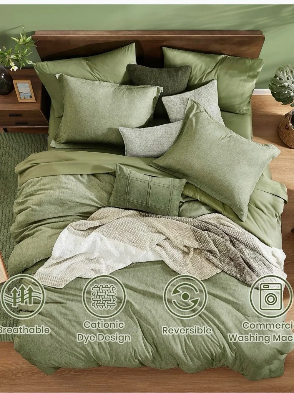 Monbix Olive/Sage Green Queen Comforter Set - 7 Piece All-Season Bedding